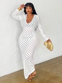 Slaydiva Đầm bodycon tay dài cổ chữ V màu trắng thanh lịch gợi cảm cỡ lớn - B - trắng - Xem 5