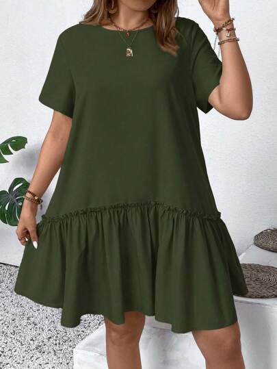 Calvaya 大码纯色圆领荷叶边下摆夏季短袖连衣裙