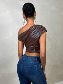 SHEIN BAE 优雅女士外出装，皮革/PU 斜肩不对称背心，适合秋季、日常约会、派对、万圣节、巧克力色 - 咖啡棕 - 查看 2