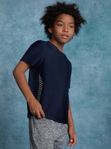 SHEIN Tween Boy Knitted Solid Color Panel Letter Reflective Print Crew Neck Short Sleeve Casual Sports T-Shirt - Navy Blue - View 6