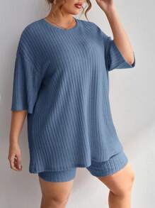 SHEIN Essnce Bộ 2 quần short tay ngắn màu trơn thường ngày cỡ lớn, mùa xuân và mùa hè - Xanh đậm - Xem 4