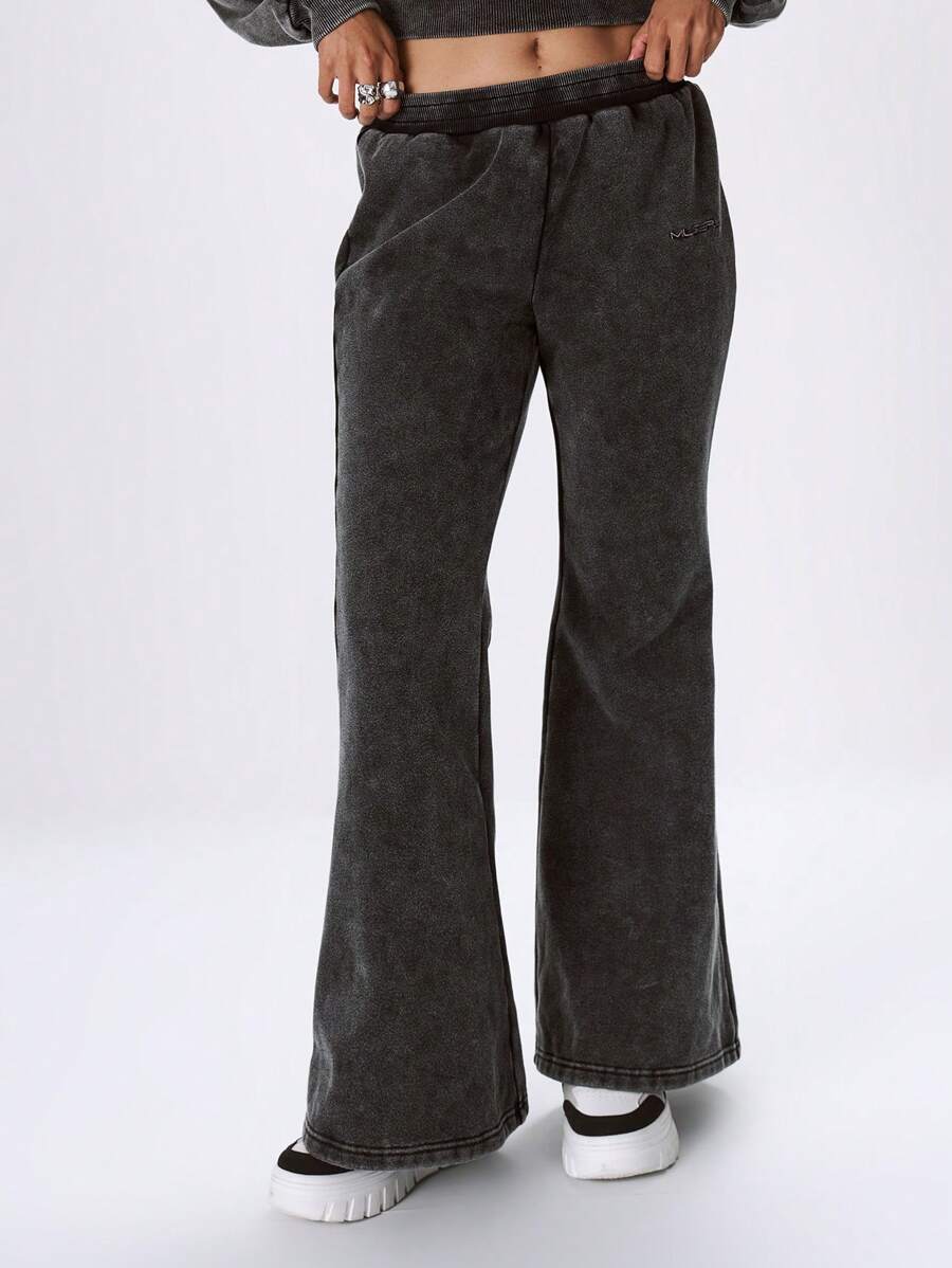MUSERA Washed Low Rise Fit Flare Tracksuit Trousers Summer Vacation Airport Chic Elegant Casual - Black - View 1