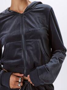 Velour Embroidered Musera Zip Hoodie - Dusty Blue - View 5