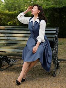 Vintamour 复古学院风女式两件套翻领背心和裙子套装秋季女装两件套背心套装返校商务休闲女士外出装背心套装办公室装学院风女装冬季女装办公室装女套装感恩节女装秋装两件套秋季装女裙套装女套装皇家蓝女装 - 藏蓝色 - 查看 5