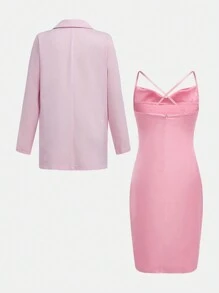 2pcs Outfit Teenage Girls Pink Blazer And Slip Dress Elegant Work Wear Set
