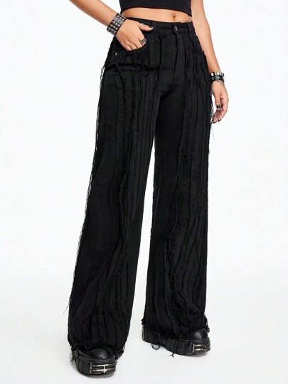 Grunge Punk Jean décontracté pour femme de style punk avec franges à pompons, coupe droite et ample