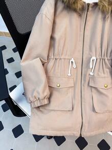 Abrigo medio holgado y cómodo de color beige para niña preadolescente, con capucha forrada y peludo cuello con bolsillos, abrigado para otoño e invierno