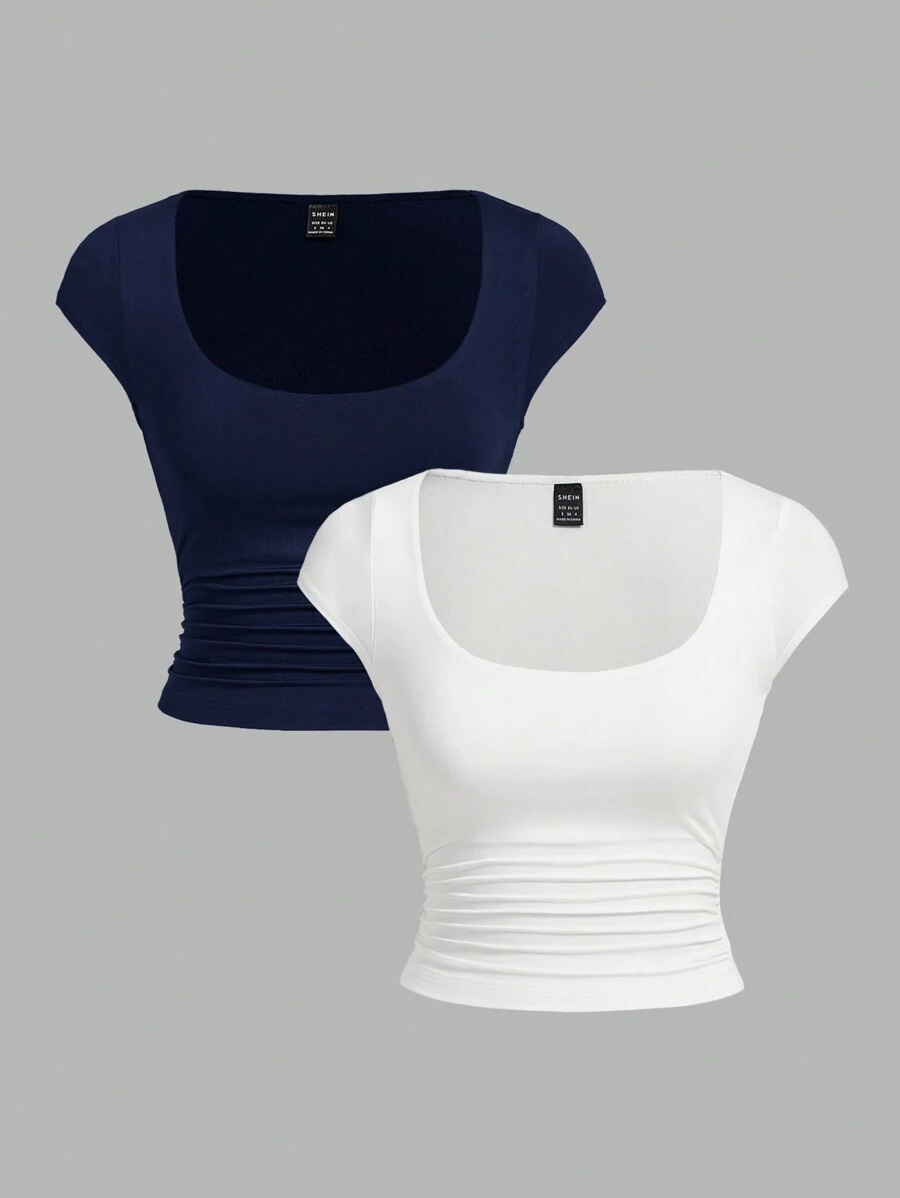 SHEIN Essnce 2 chiếc áo thun tay ngắn bó sát cạp chun đơn giản dành cho nữ - Màu xanh hải quân - Xem 1