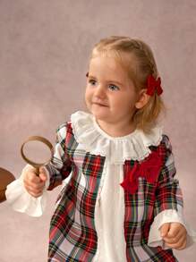 SHEIN Baby Girl Elegant Plaid Patchwork 2 In 1 Dress, Spring & Fall, For Christmas - Red - View 2