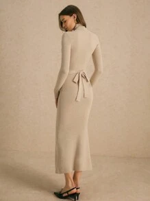 Poéselle Abito maglione extra lungo color albicocca, abito maglione aderente a collo alto in tinta unita da donna, abbigliamento da donna autunnale e invernale, abito extra lungo con vita aderente, abbigliamento da ufficio, stile old money, necessario in autunno e inverno, caldo e confortevole, adatto per uso quotidiano, strada, pendolarismo, casa e altre occasioni - Albicocca - Visualizzare 2