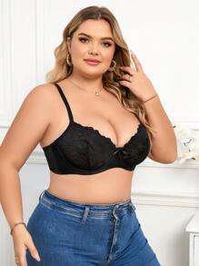 1 件大码优雅黑色蕾丝钢圈文胸、内衣 - 黑色 - 查看 3