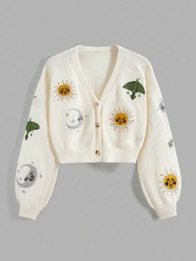 Hippie Cardigan casual grande taille avec broderie soleil, lune et étoiles