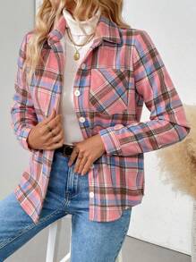 LanaWest Women's Autumn/Winter Long Sleeve Casual Plaid Thermal Lining Pocket Shirt, Long Sleeve Tops Fall Cloth For Women - Pink - View 4