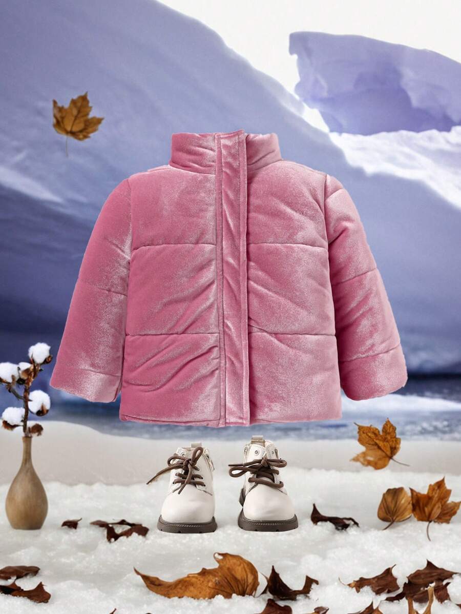 Baby Girls' Solid Color Simple Daily Padded Coat - Pink - View 1