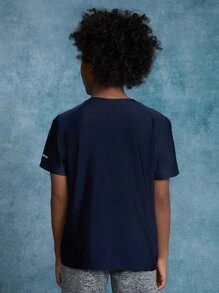 SHEIN Tween Boy Knitted Solid Color Panel Letter Reflective Print Crew Neck Short Sleeve Casual Sports T-Shirt - Navy Blue - View 2