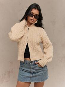 MISSGUIDED Borg Knitted Zip Through High Neck Balloon Sleeves Cardigan Winter Wear - Yellow - View 1