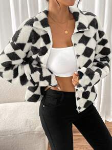 SHEIN LUNE Women's Casual Commuting Chic Black & White Rhombus Fluffy Regular Jacket Coat Fall Cloth For Women - Multicolor - View 5