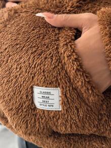 SHEIN Áo nỉ bầu | Áo chui đầu trơn | Áo khoác lông cừu Teddy | Áo nỉ đi học | Áo nỉ đồng phục giáo viên vai rớt, chi tiết vá, thích hợp cho mùa đông - màu nâu - Xem 4