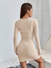 SHEIN PETITE 2pcs Women Spring Autumn Solid Color Long Sleeve Top And Slim Fit Camisole Dress Set - Apricot - View 2