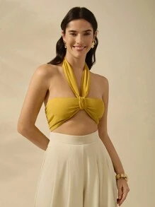 CAJUNI Women's Vacation Casual Summer Yellow Halter Twist Lace Up Top - Yellow - View 4