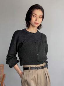 FRIFUL 2pcs Women Solid Color Button Front Crew Neck Cardigan And Camisole Sweater Set