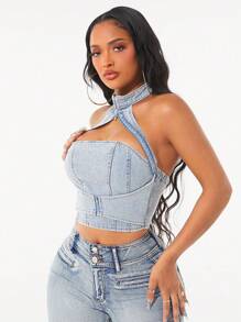 SHEIN SXY Summer Sexy Zipper Hollow Out Back Halter Denim Top - Light Wash - View 5