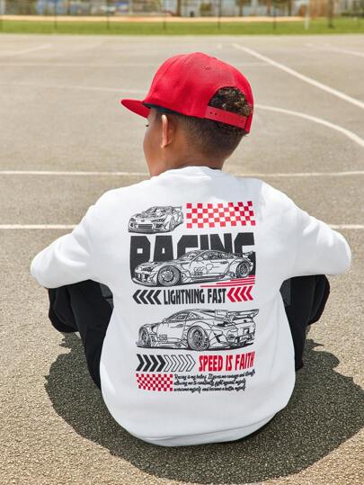 2pcs/Set Teenage Boys' Cool Car Graphic Sweatshirt And Cargo Pants Set
