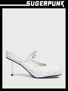 Sugerpunk 方头蕾丝细节女式高跟鞋秋季款 - 白色 - 查看 2