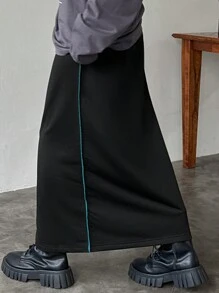 FRIFUL Váy suông thẳng xẻ tà tương phản thường ngày cho nữ - màu đen - Xem 3