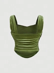 SHEIN MOD 2 piezas Conjunto de camisolas de tiras anchas fruncidas de terciopelo verde oscuro vintage para mujer talla grande