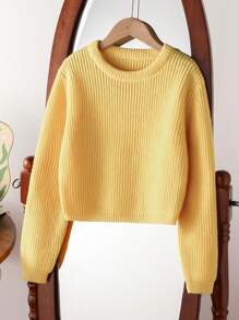 Tween Girl Fashionable Multi-Purpose Knitted Long Sleeve Sweater, Autumn/Winter - Yellow - View 1