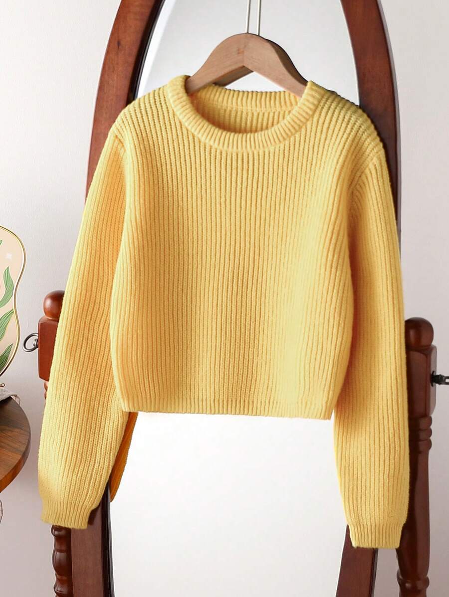 Tween Girl Fashionable Multi-Purpose Knitted Long Sleeve Sweater, Autumn/Winter - Yellow - View 1