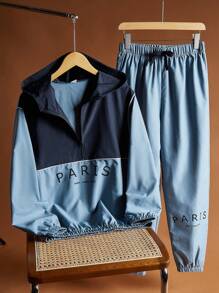 SHEIN 2 件青少年男童休闲深蓝色和浅蓝色拼色连帽衫运动衫和松紧袖口裤子套装，适合秋季、冬季、保暖、学校、休闲、日常、运动、生日派对、郊游、百搭和简约设计 - 藍色 - 查看 4