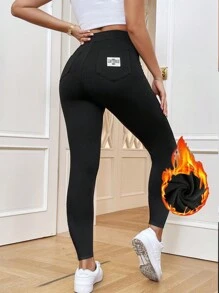 SHEIN Essnce 大码女士秋冬羊毛紧身裤，黑色紧身裤，女士紧身裤，2 个口袋秋季裤子，带口袋的紧身裤秋季女士服装冬季裤子 - 黑色 - 查看 6