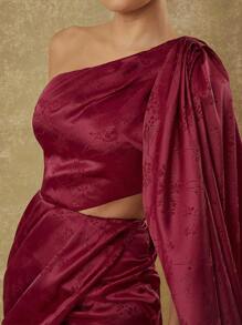 Hauture Satin Jacquard One Shoulder Cape Tulip Hem Dress - Burgundy - View 7