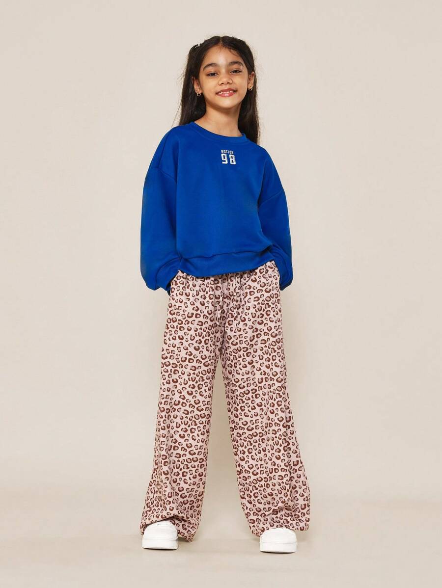 SUMWON Tween Girls Crew Neck Sweatshirt With Boston Graphic Print And Leopard Print Pant 2 Piece Set