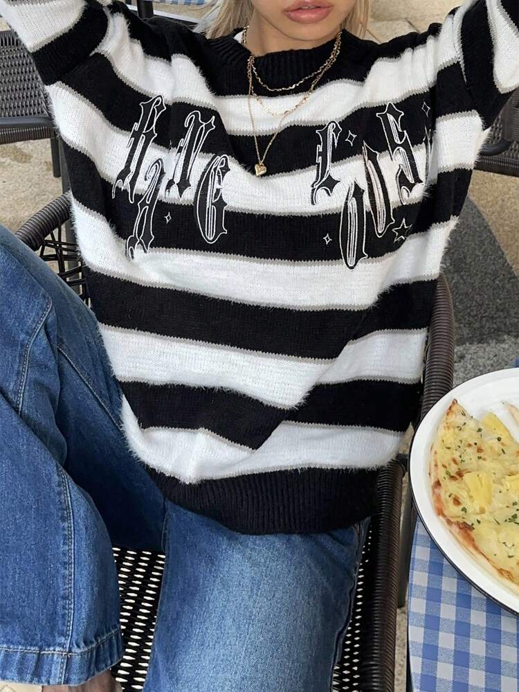 Striped Pattern Drop Shoulder Sweater