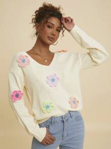 Travachic V-Neck Colorful 3D Floral Loose Casual Women's Long Sleeve Sweater,Fall Women Clothes,Women Sweaters