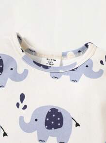 SHEIN Leap Crew 4 件装男婴紧身可爱简约大象印花长袖上衣和长裤睡衣套装，含纯色睡衣