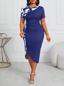 SHEIN Lady Plus Size  Printed Color Block Ruched Asymmetrical Hem Fitted Mini Dress - Blue - View 6