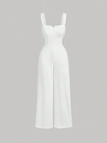 SHEIN X ELOISA & ORSON SHEIN MOD Mono de punto blanco largo con escote en V y tirantes para mujer, mono blanco sin mangas ribeteado para mujer, ropa de vuelta al colegio, conjuntos de preppy, conjuntos de otoño, falda caqui, conjuntos para salir, conjuntos vintage, ropa de trabajo, ropa casual de oficina para mujer