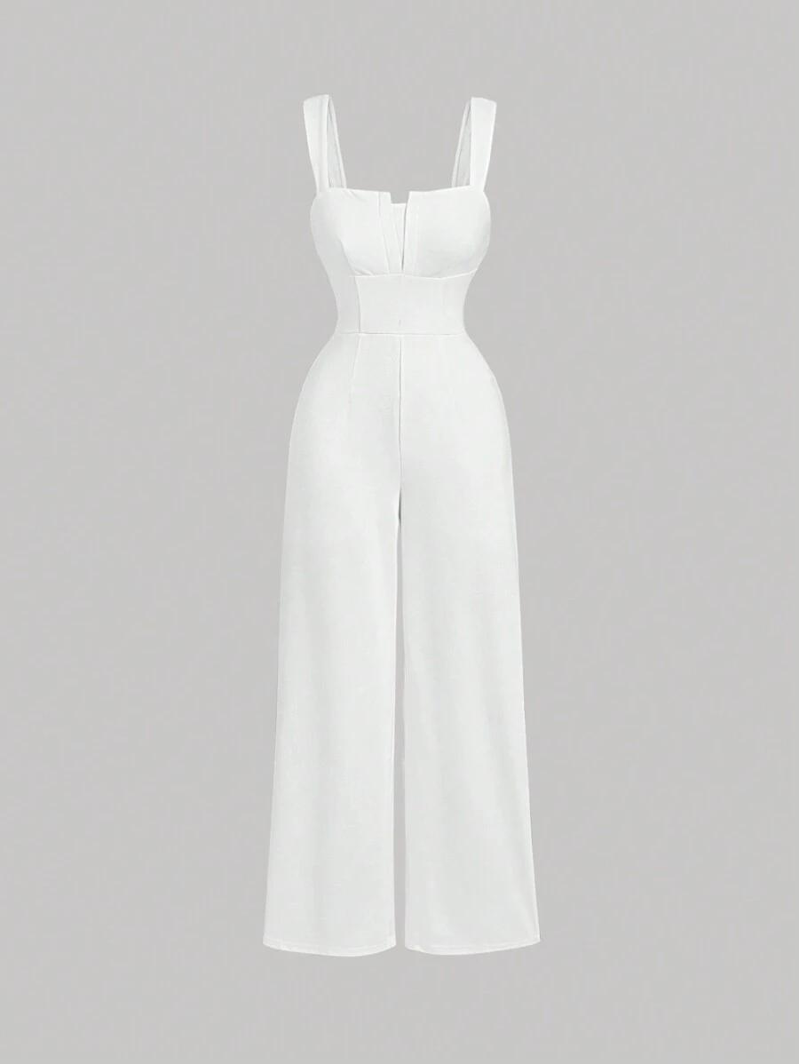 SHEIN X ELOISA & ORSON SHEIN MOD Mono de punto blanco largo con escote en V y tirantes para mujer, mono blanco sin mangas ribeteado para mujer, ropa de vuelta al colegio, conjuntos de preppy, conjuntos de otoño, falda caqui, conjuntos para salir, conjuntos vintage, ropa de trabajo, ropa casual de oficina para mujer