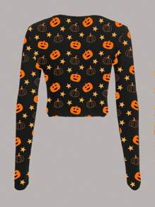 SHEIN EZwear 女式南瓜全印花圆领紧身短款休闲长袖打底 T 恤，适合秋冬万圣节 - 白色 - 查看 2