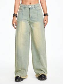 ROMWE Grunge Punk 街頭風格復古寬鬆直筒工藝洗水牛仔褲,磨損洗水和破洞邊緣處理