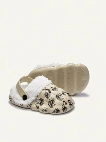 Cozy Pixies 1 双幼儿男孩卡通挖掘机印花可爱室内拖鞋，保暖内衬，适合秋冬季日常穿着 - 卡其色 - 查看 8