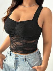 SHEIN EZwear Top de tirantes de encaje vintage negro en talla grande, para el verano