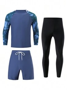 Manfinity Swimmode 3pcs Men Tie-Dye Printed Splice Long Sleeve Top, Shorts & Pants Swimwear Set