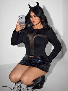 SHEIN ICON ICON Plus Size Women's Sexy Party Hollow Cross T-Shirt, Halloween Costume - Black - View 2