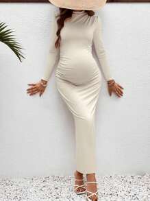 SHEIN Váy dài chụp ảnh bà bầu dáng ôm cổ đứng cho mùa thu - Màu be - Xem 4