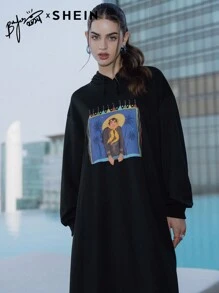 Mulvari 女式卡通人物印花抽绳连帽长袖休闲阿拉伯朴素连衣裙、超长款运动衫连衣裙，秋冬 - 黑色 - 查看 1